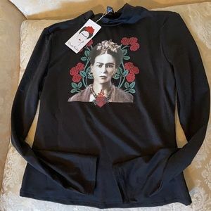 NEW Frida Kahlo black long sleeve mock turtleneck colorful graphic